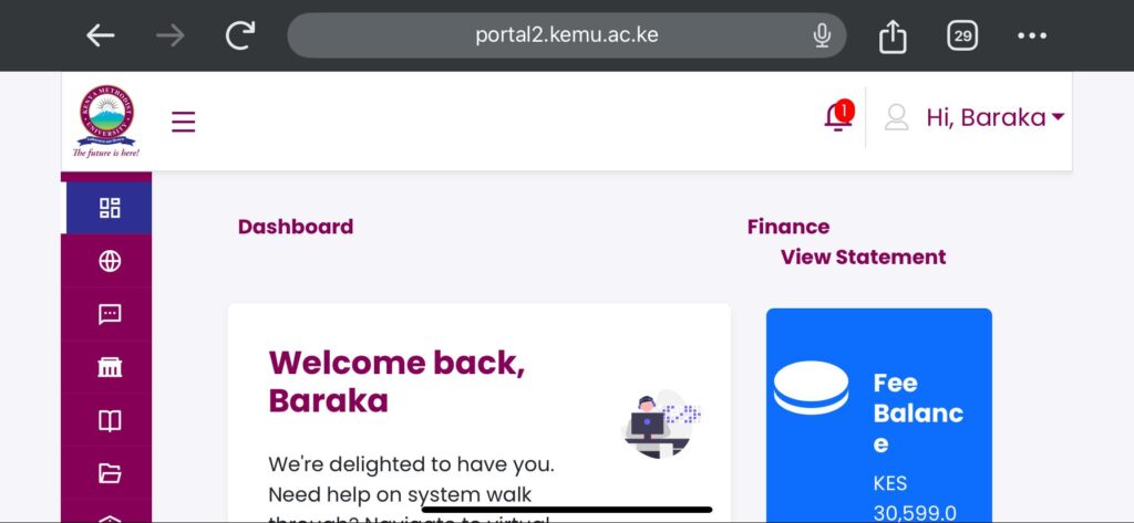 A screenshot of the KeMU student portal dashboard, highlighting the various services available