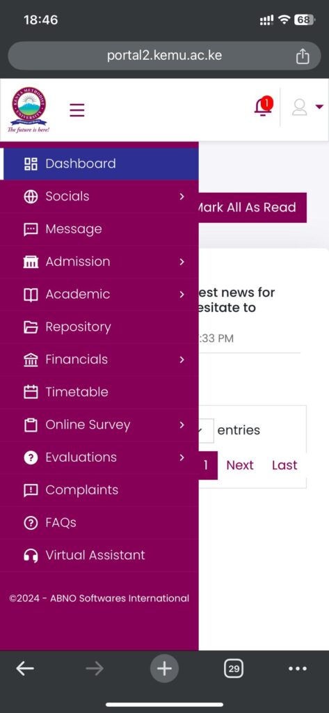 A screenshot of the KeMU student portal dashboard, highlighting the various services available