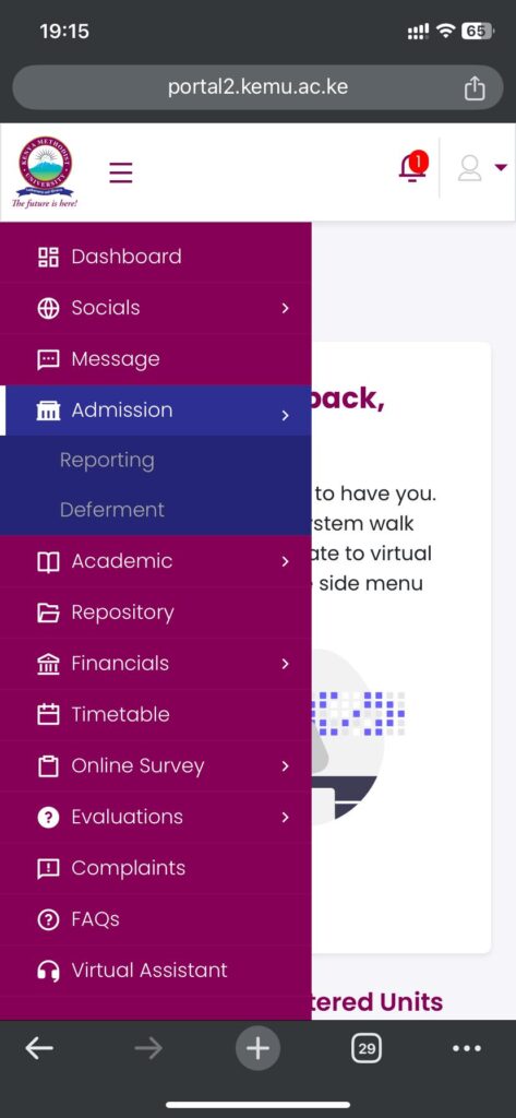 A screenshot of the KeMU student portal dashboard, highlighting the various services available