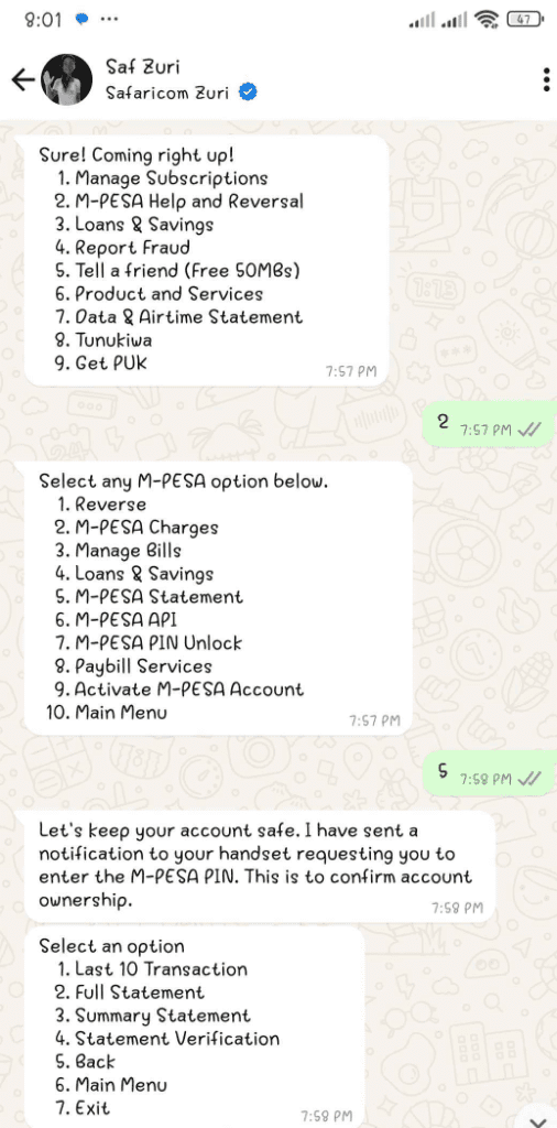 A chat with Safaricom Zuri on how to access the M-Pesa Statement on WhatsApp