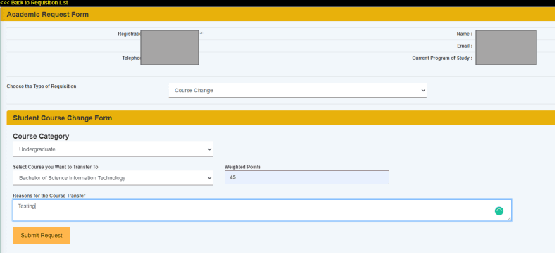 Meru University Student Portal course change