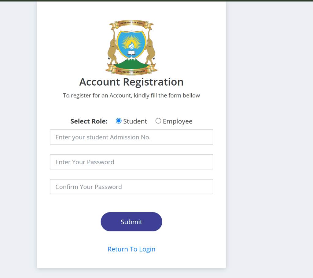 embu university Registartion account