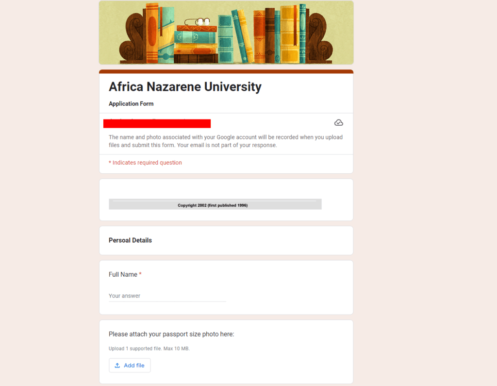 Admissions Application Form at ANU