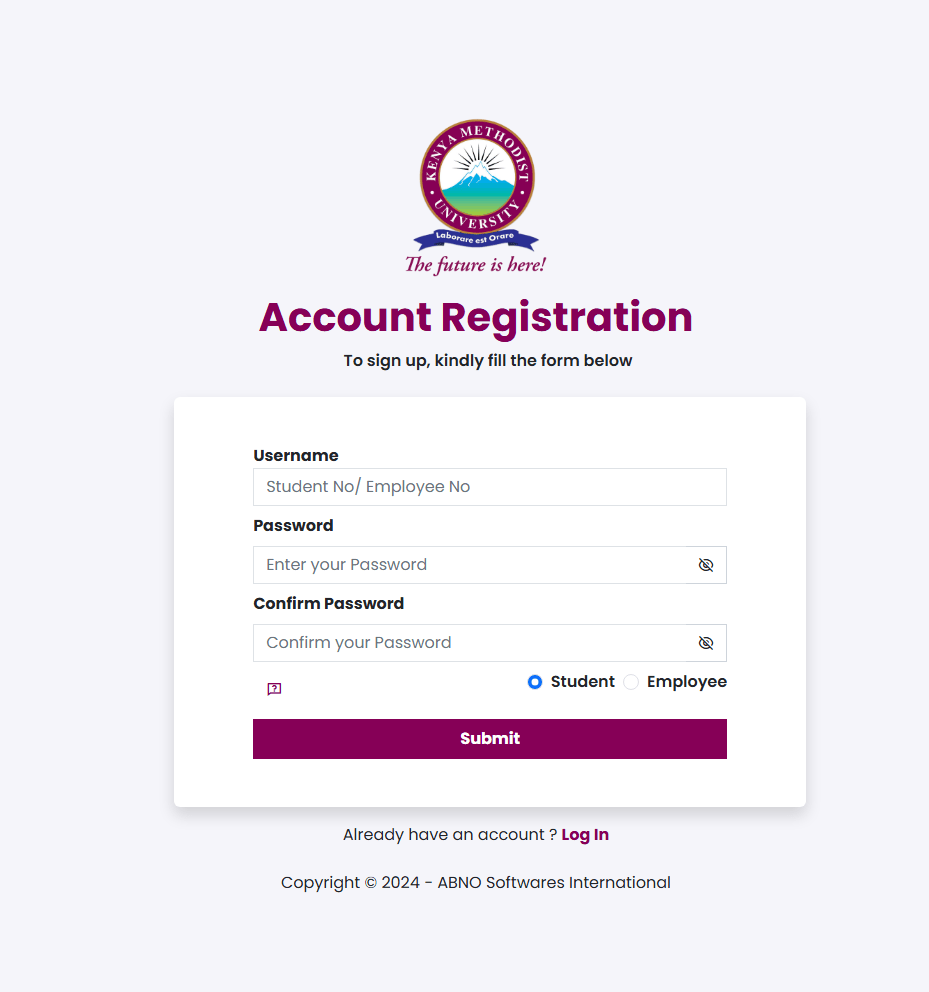 KeMU Students portal Account Registration Page