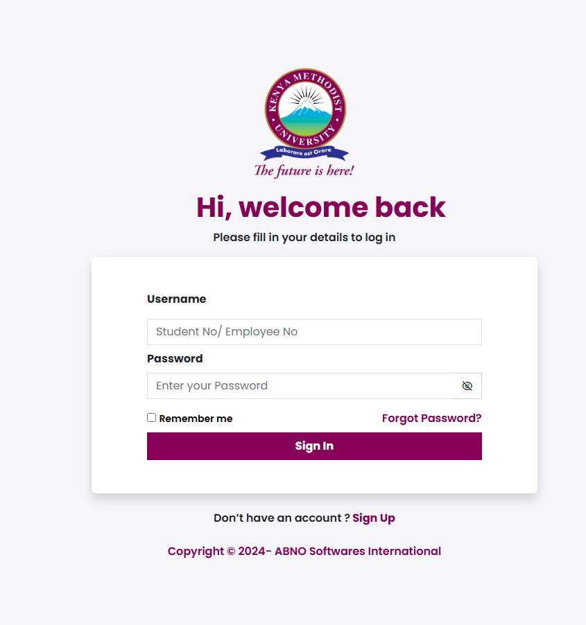 KeMu Student Portal login page