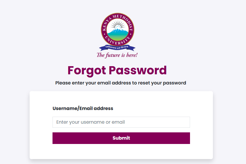 KeMu Student Portal Password Reset page