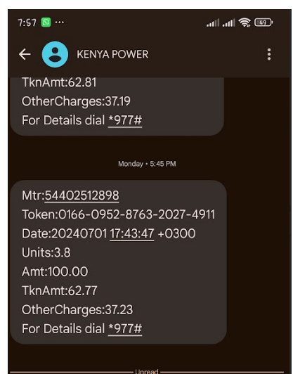 An SMS containing token DETAILls for KPLC prepaid purchase 