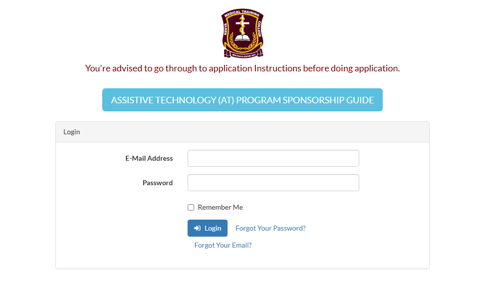 Screenshot of the KMTC student portal login page.