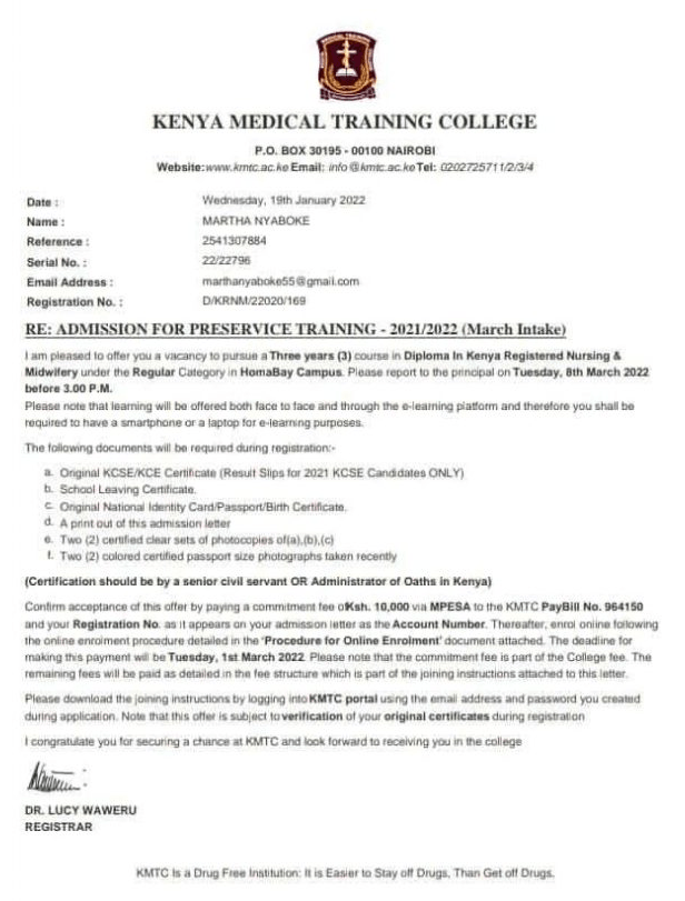 Screenshot of the KMTC Admissions Letter Sample