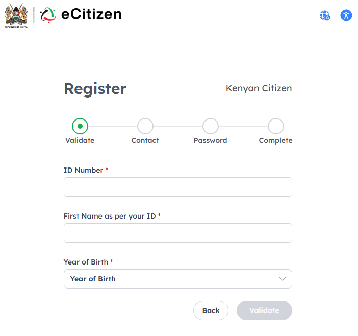 e-Citizen Portal Registration page for Kenyan Citizens