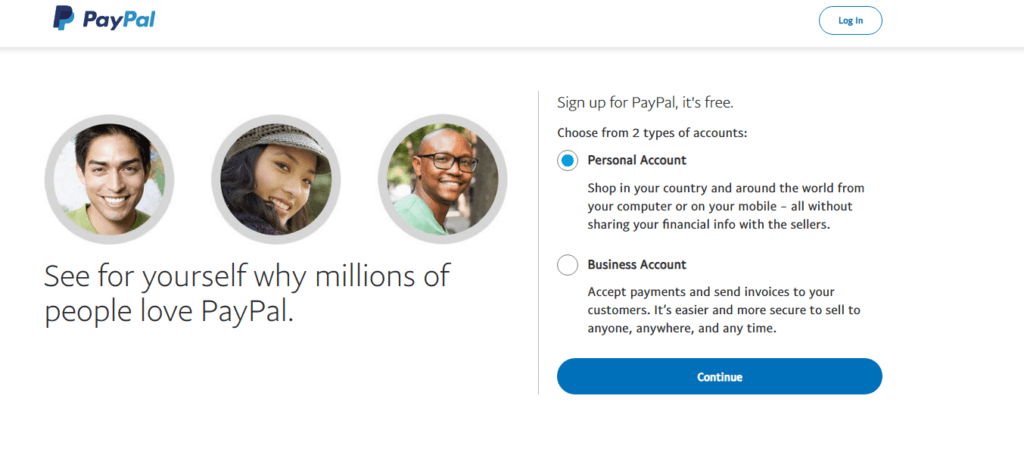 A screenshot showing the types Paypal accounts