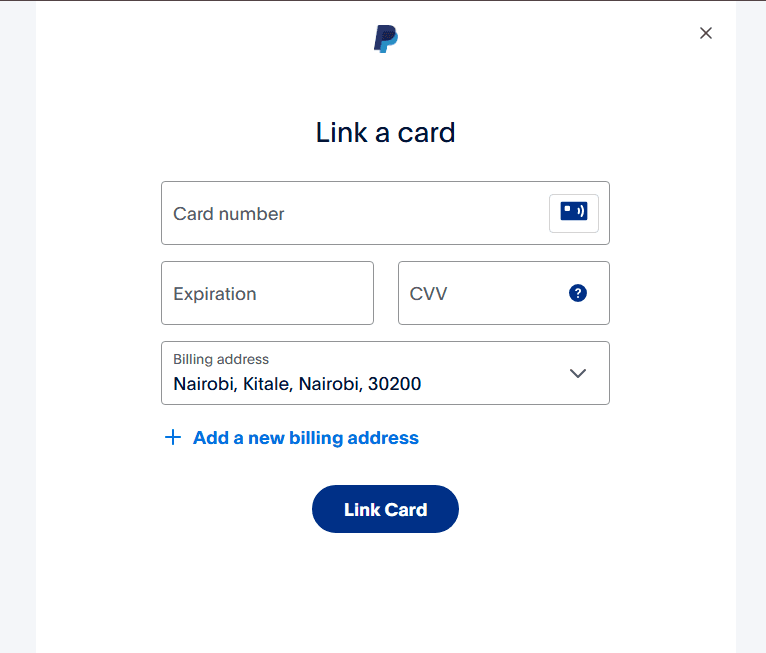 A screenshot for linking PayPal with Card