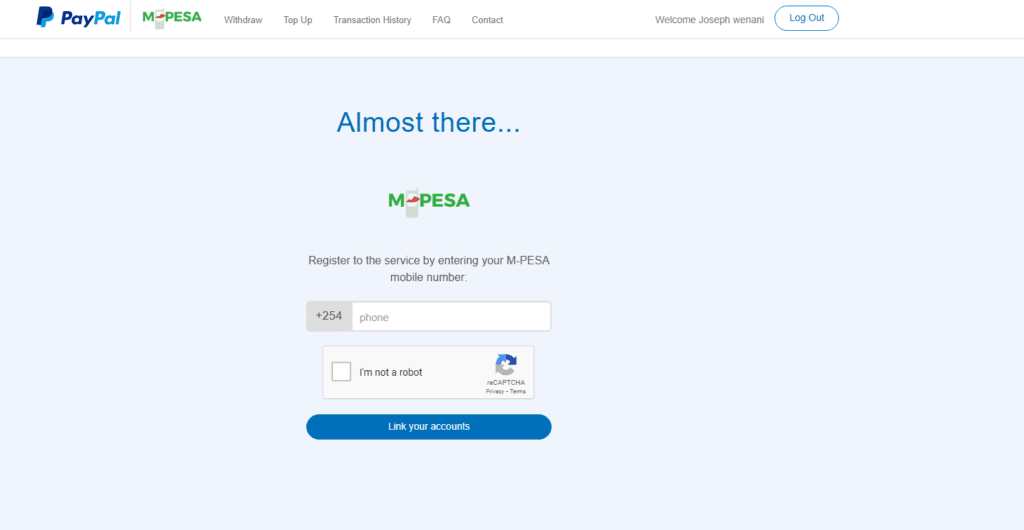 A screenshot showing how to link Paypal with M-Pesa