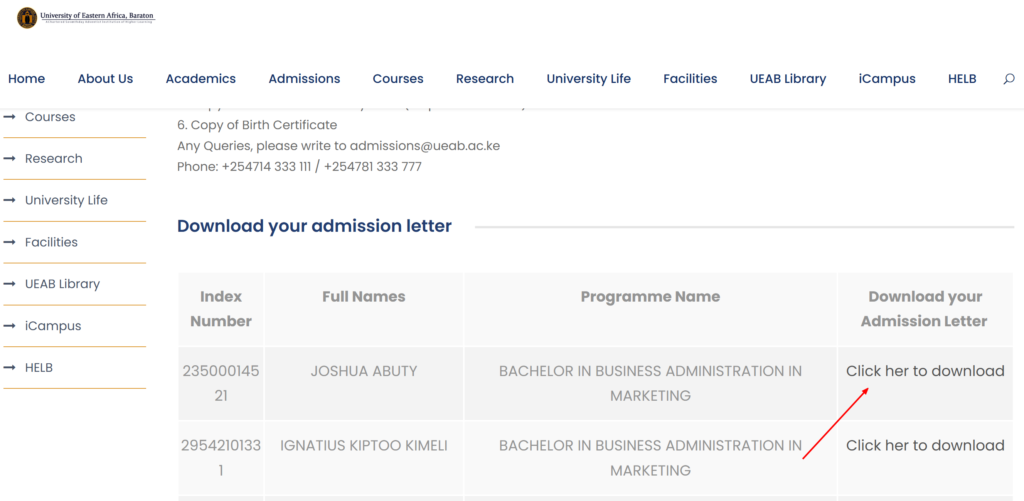 UEAB KUCCPS Admission Letter 2024