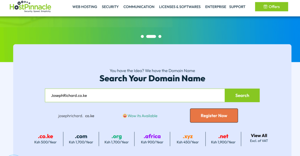 Domain name search on Hostpinnacle website