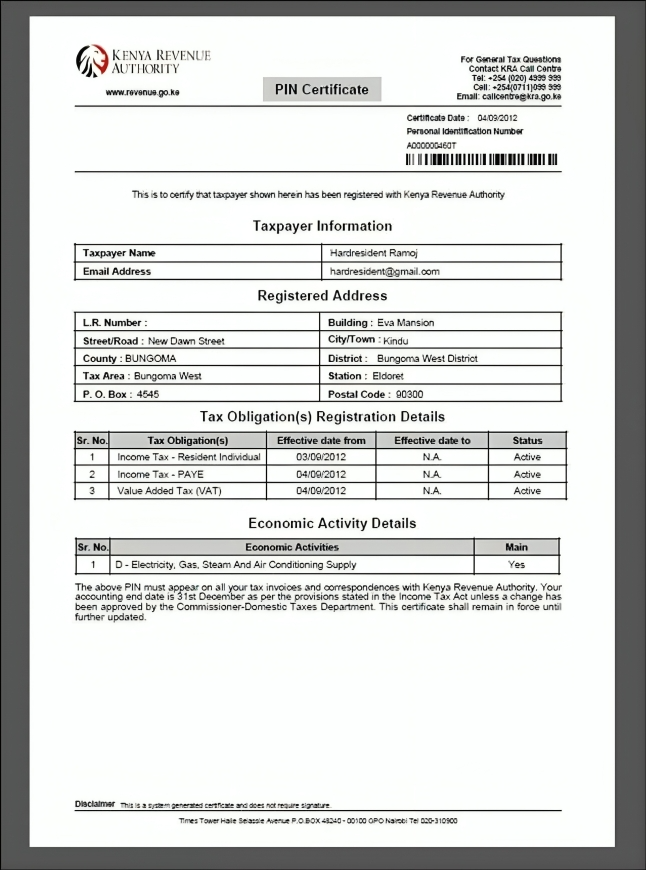 KRA PIN Certificate Image