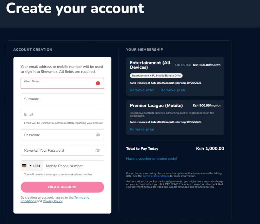Showmax Signup Page